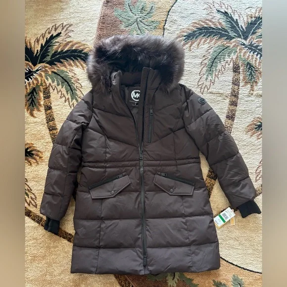 Michael Kors Chocolate Winter Puffer Coat MK Jacket Fur Hood Size S M L XL NWT - Picture 4 of 12